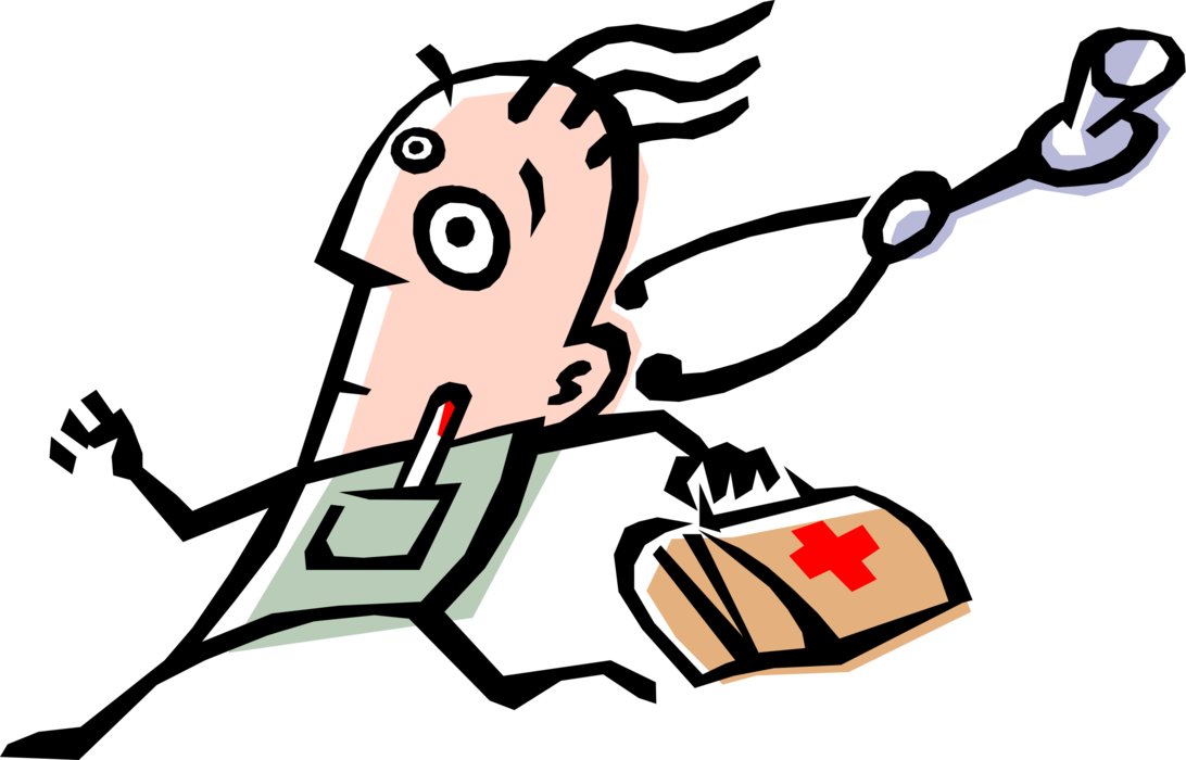 Vector Illustration of Doctor Runs To Provide Patient Assistance with Medical Bag and Stethoscope