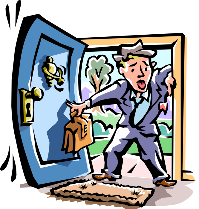 Vector Illustration of Businessman Walks in Front Door After Hard Day's at the Office
