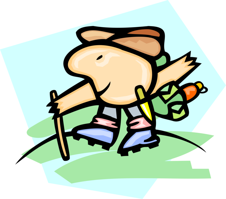 Vector Illustration of Hiker Enjoys Great Outdoors Hiking Trail with Backpack and Walking Stick