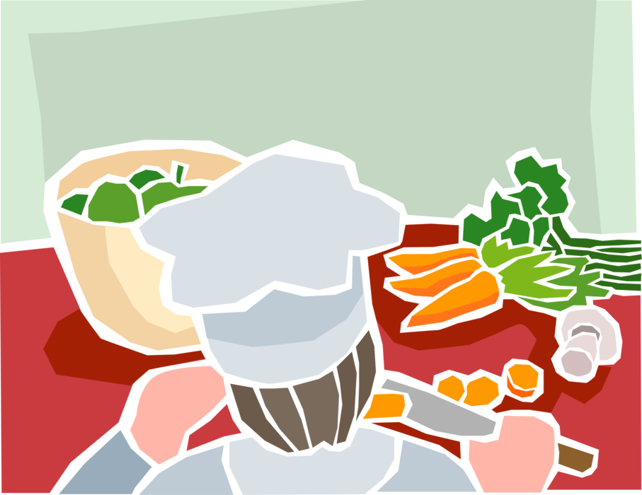 Vector Illustration of Culinary Cuisine Restaurant Chef Preparing Dinner and Chopping Carrot Vegetables