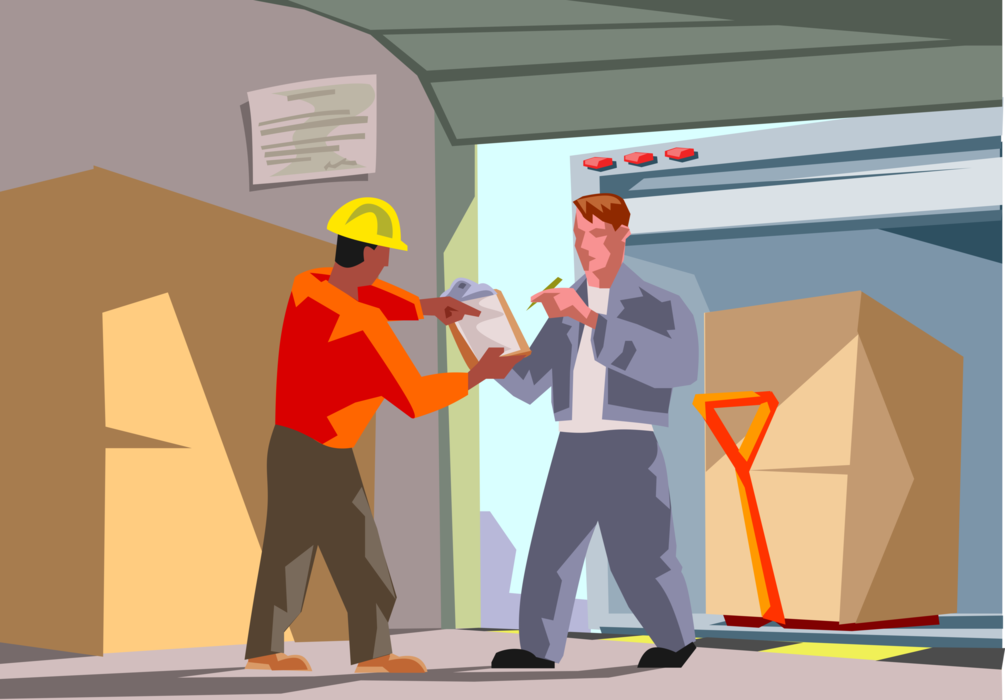 Vector Illustration of Warehouse Worker with Delivery Man Signing for Shipment of Goods at Loading Dock