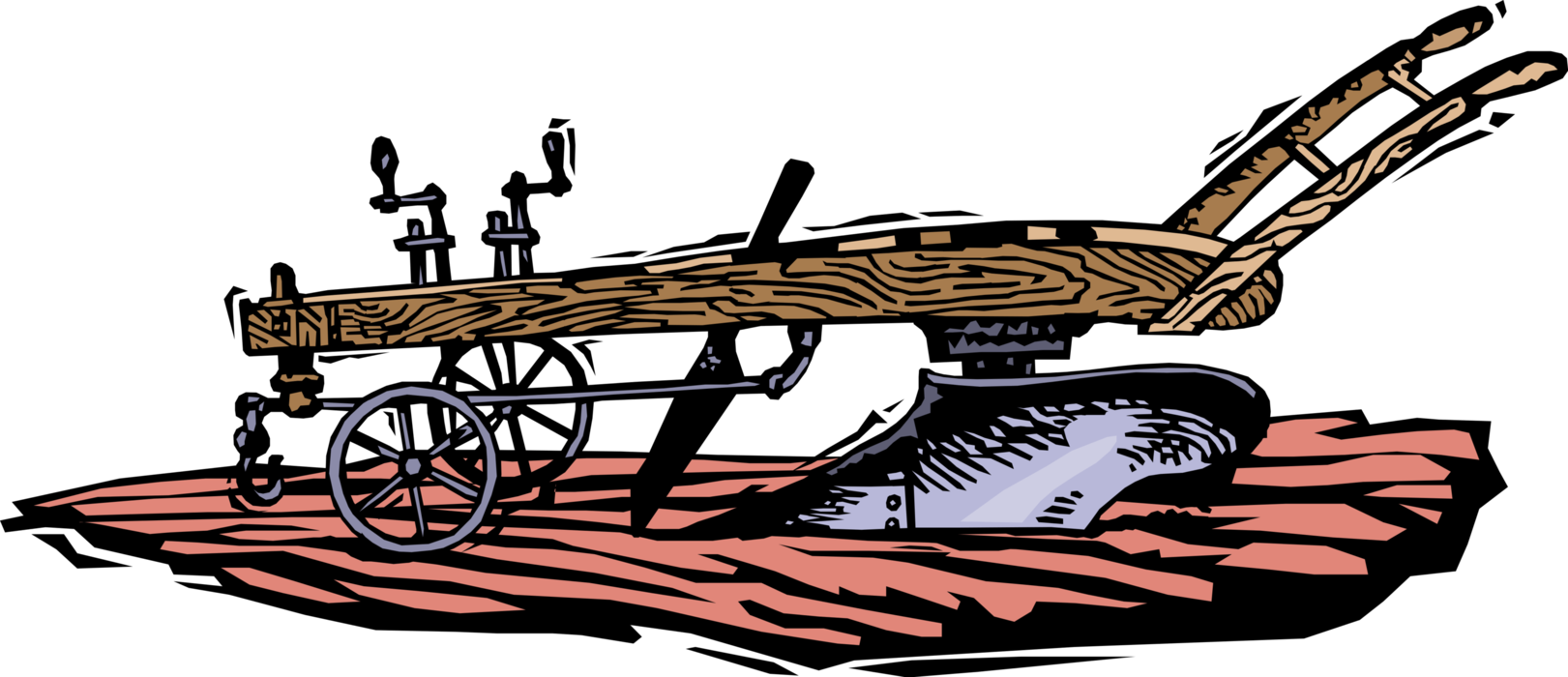 Vector Illustration of Vintage Farm Plow Steered By Hand and Pulled by Oxen Cattle