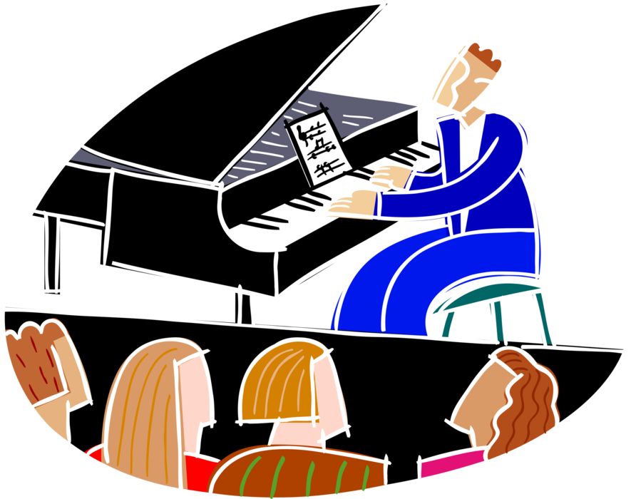 Vector Illustration of Concert Pianist Musician Performs on Grand Piano for Audience