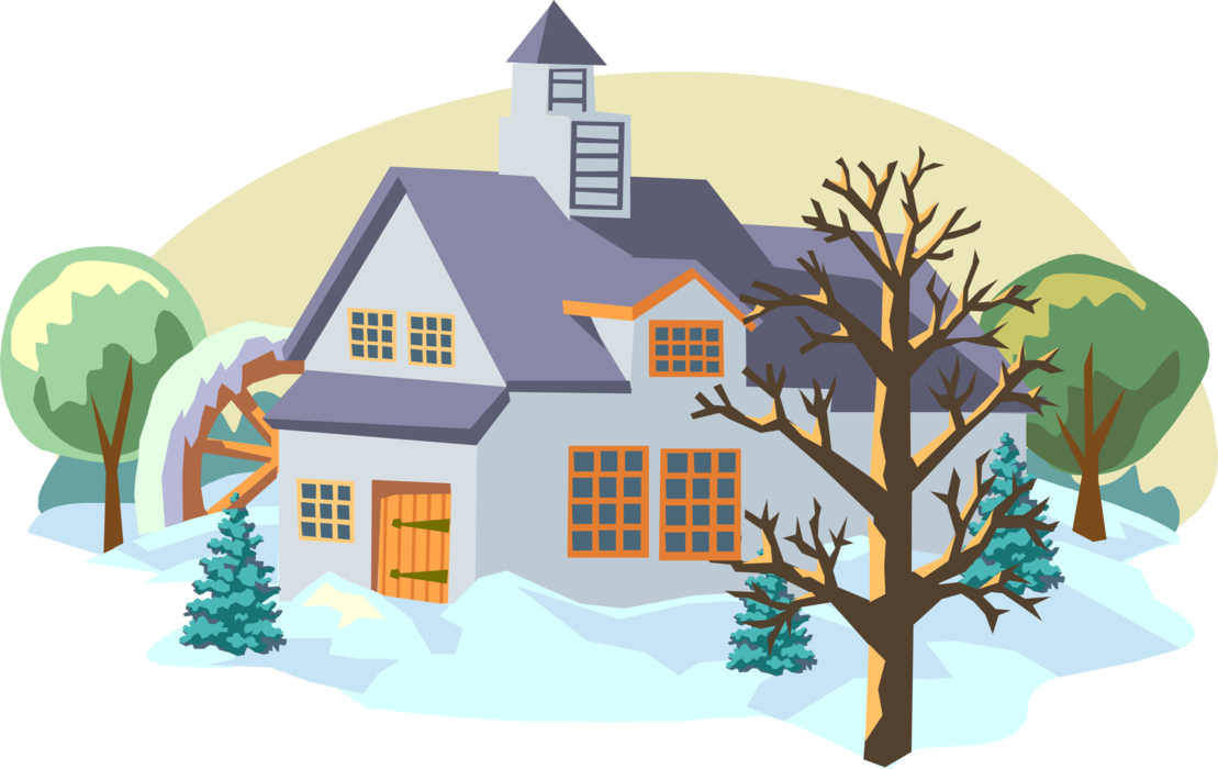 Vector Illustration of Winter Scene with Grist Mill and Snow