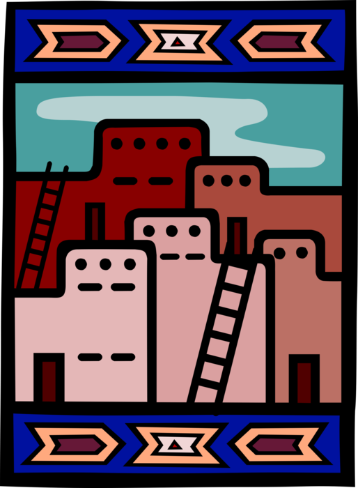 Vector Illustration of Native American Earth Colored Pueblo Buildings with Ladders