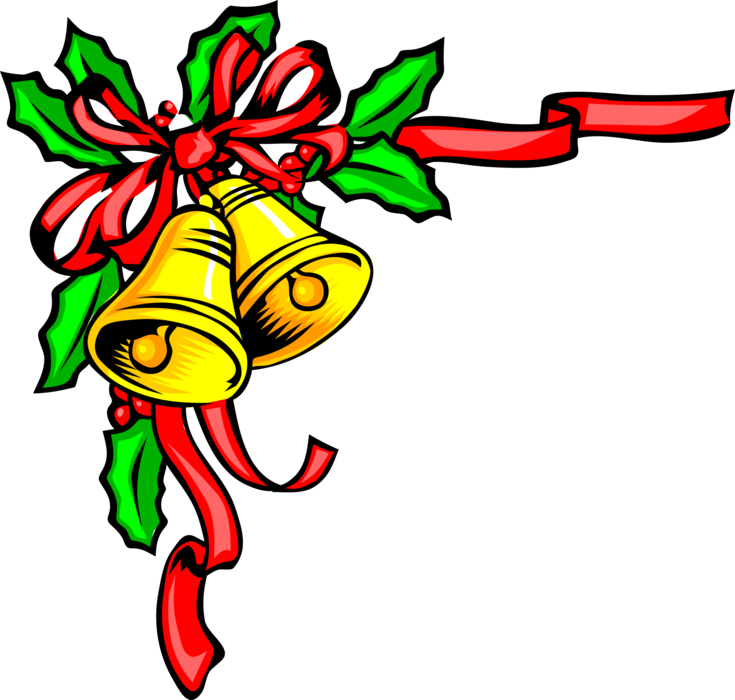 Vector Illustration of Holiday Season Christmas Festive Bells with Holly and Red Ribbons