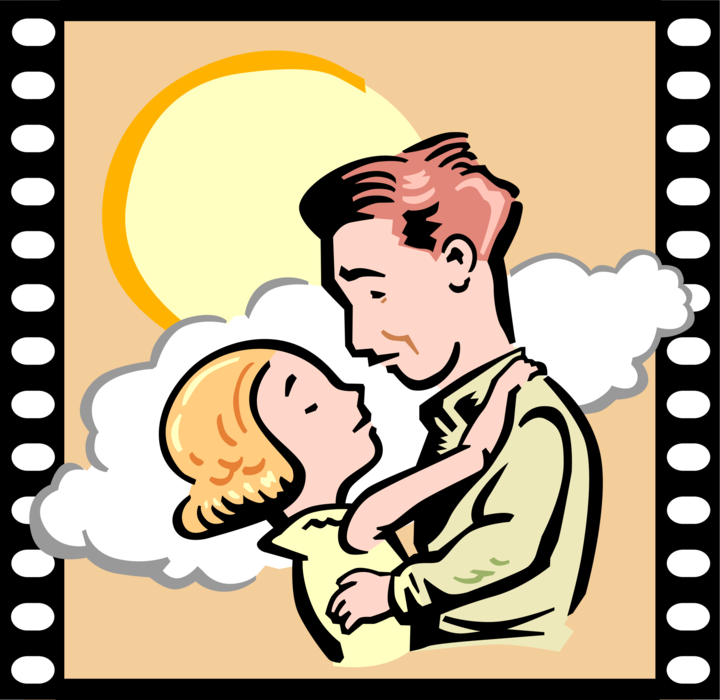 Vector Illustration of Cinema Movie Love Story Romance on Film as Couple Embrace