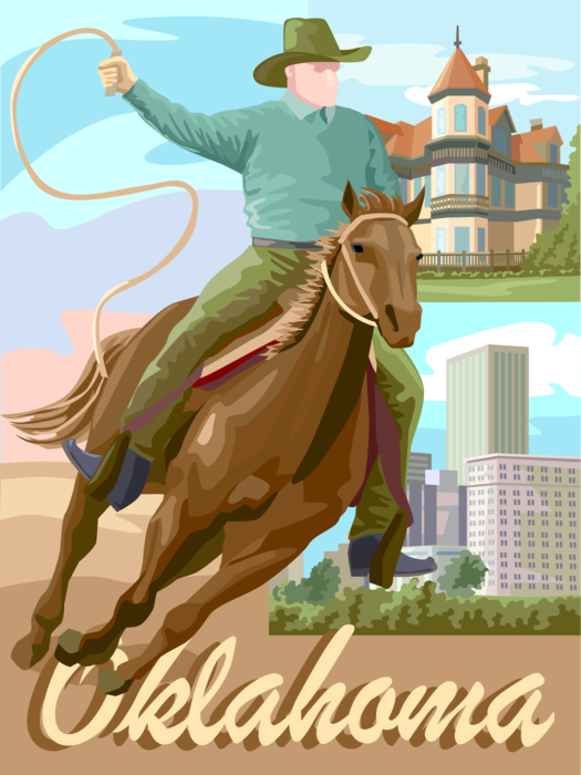 Vector Illustration of State of Oklahoma Postcard Design with Rodeo Rider and Horse