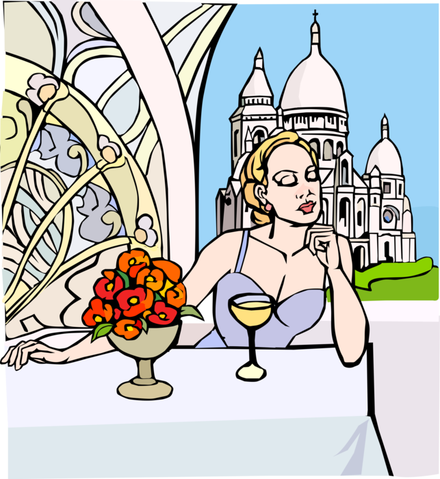 Vector Illustration of Wine at French Café Near Basilique du Sacre-Coeur Montmartre, Paris, France