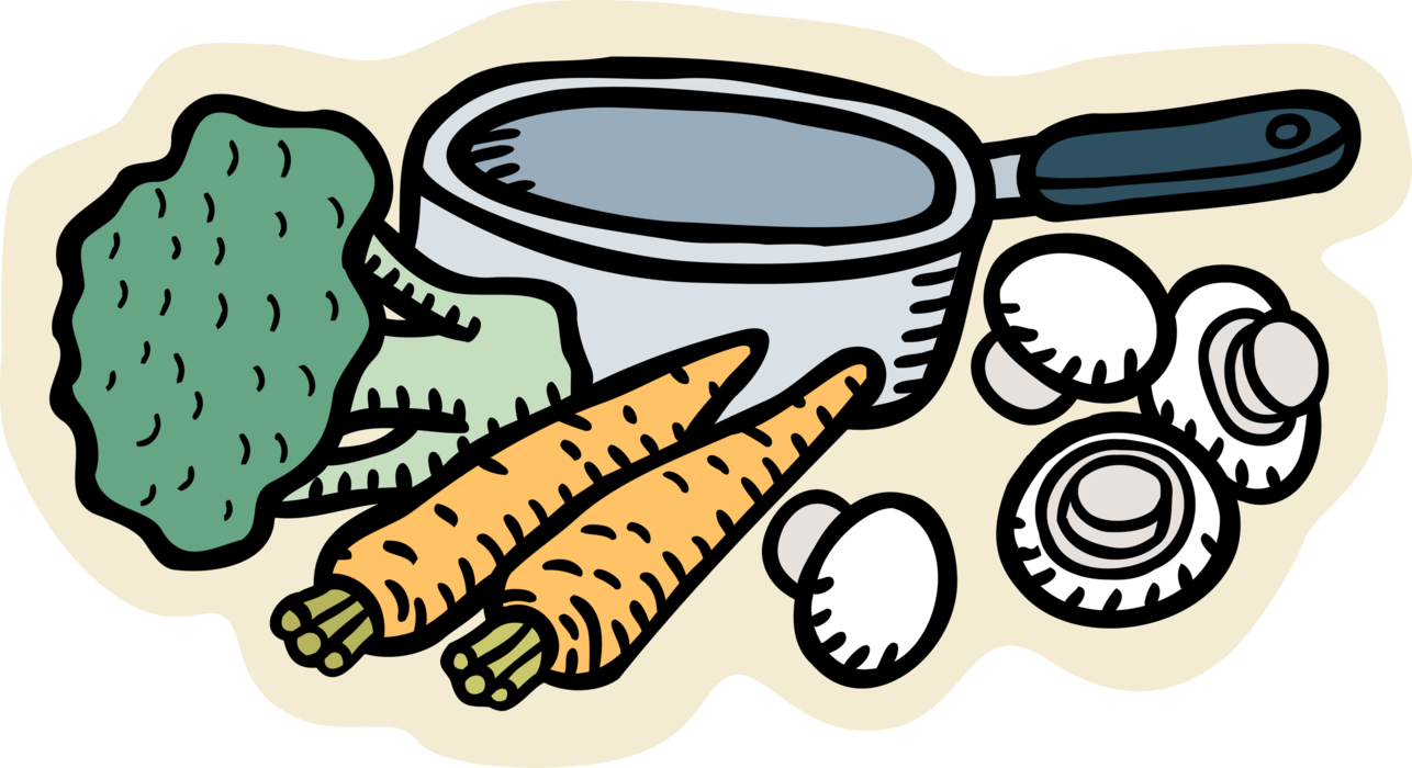 Vector Illustration of Broccoli with Fresh Carrots and Mushrooms with Cooking Saucepan
