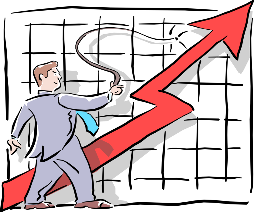 Vector Illustration of Businessman Cracks the Whip on Sales Chart Diagram or Graph
