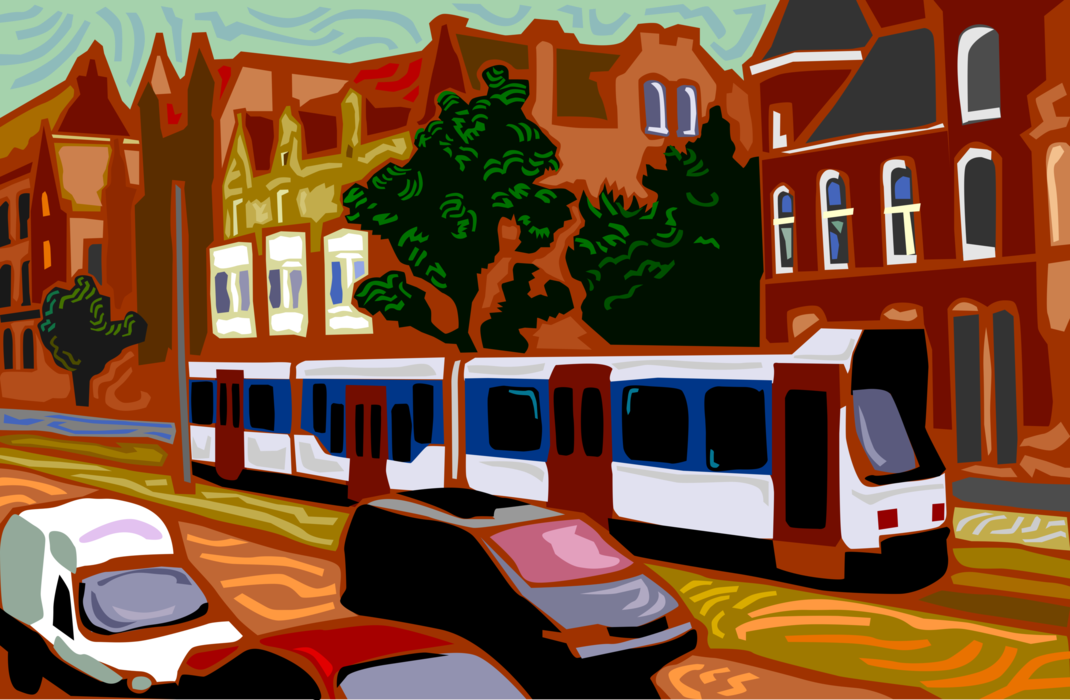 Vector Illustration of Amsterdam Streetcar or Tram Carries Dutch Passengers and Commuters on City Street 