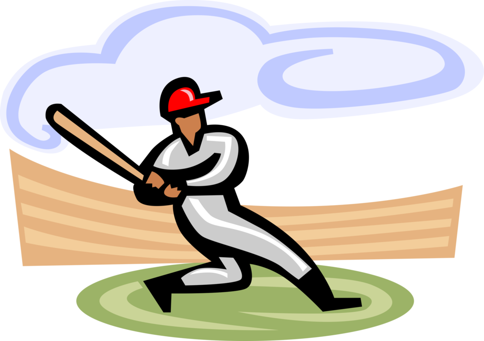 Vector Illustration of American Pastime Sport of Baseball Player at Home Plate Swings the Bat