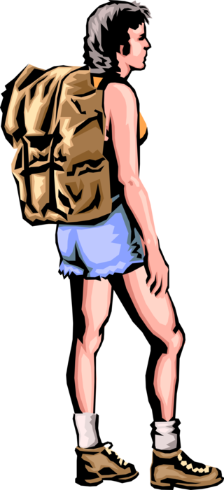 Vector Illustration of Hiker with Backpack Hikes Trails and Footpaths in Countryside