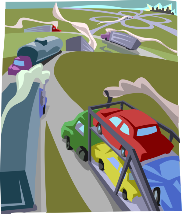 Vector Illustration of Shipping and Distribution of Goods By Transport Trucks on Busy Interstate Highways