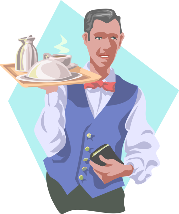 Vector Illustration of Hospitality Industry Hotel Room Service Waiter Delivers Tray of Food
