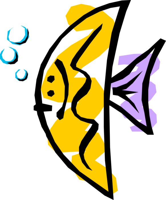 Vector Illustration of Colorful Tropical Yellow Fish Blows Bubbles