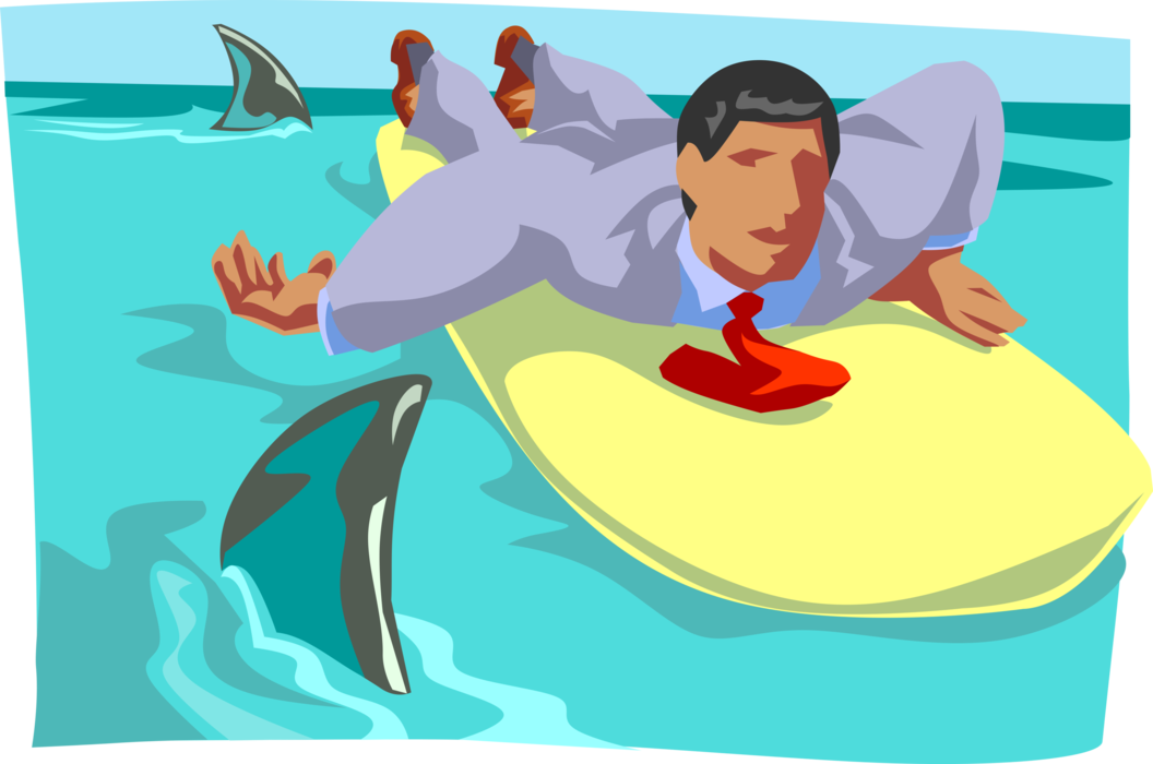 Vector Illustration of Man on Surfboard in Marine Predator Shark-Infested Waters