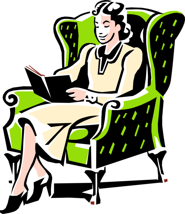 Vector Illustration of 1950's Vintage Style Mother Reading Book in Living Room Chair