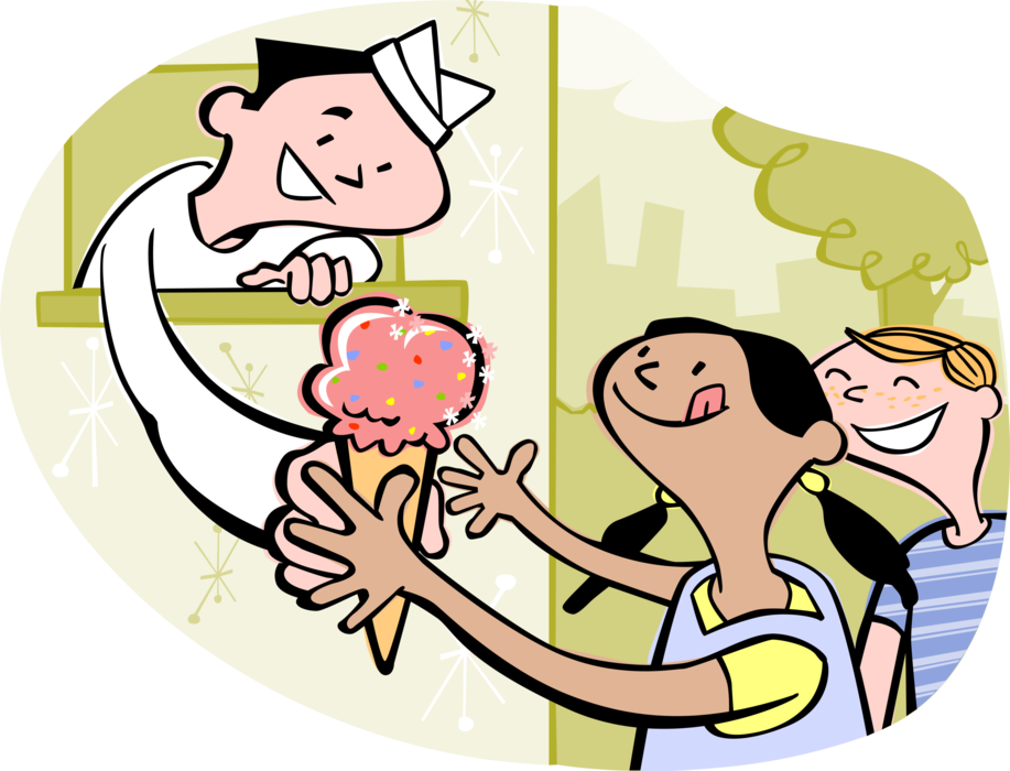 Vector Illustration of Kids Buying Ice Cream Cone from Frozen Treats Vendor