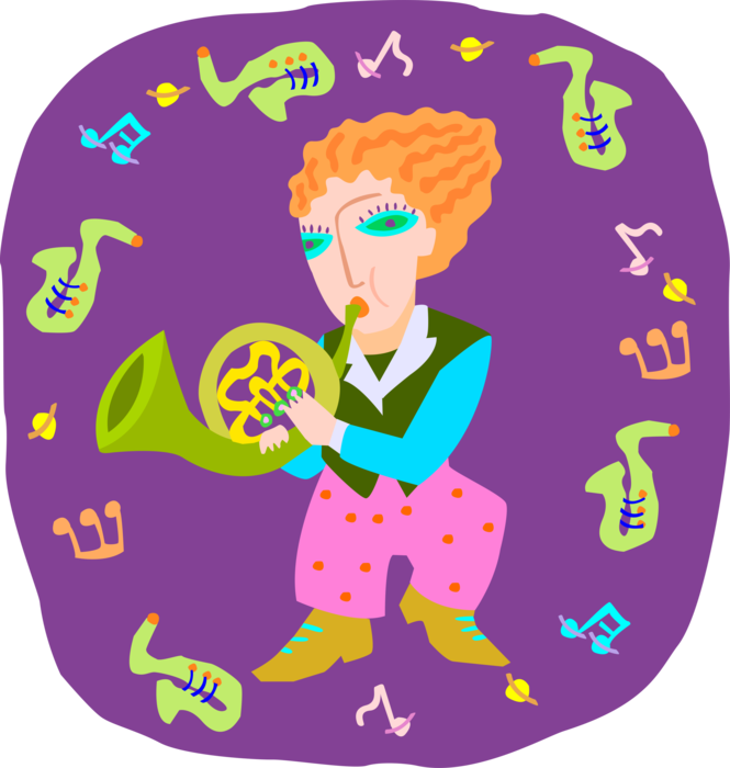 Vector Illustration of Young Girl Musician Playing French Horn Musical Instrument