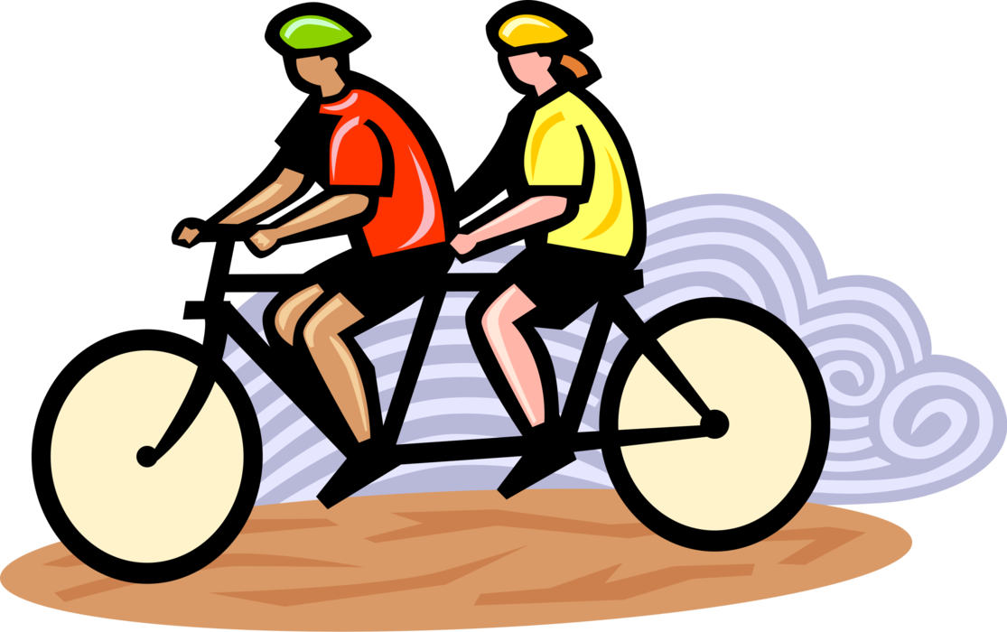 Vector Illustration of Cycling Enthusiasts Riding Two-Seat Tandem Bicycle Bike