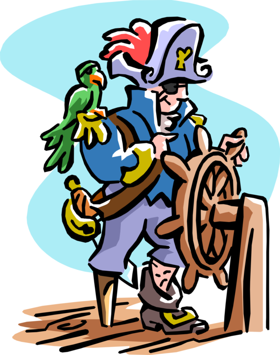 Vector Illustration of Swashbuckling Buccaneer Wooden Legged Pirate Captain Steers Ship's Helm Wheel at Helm