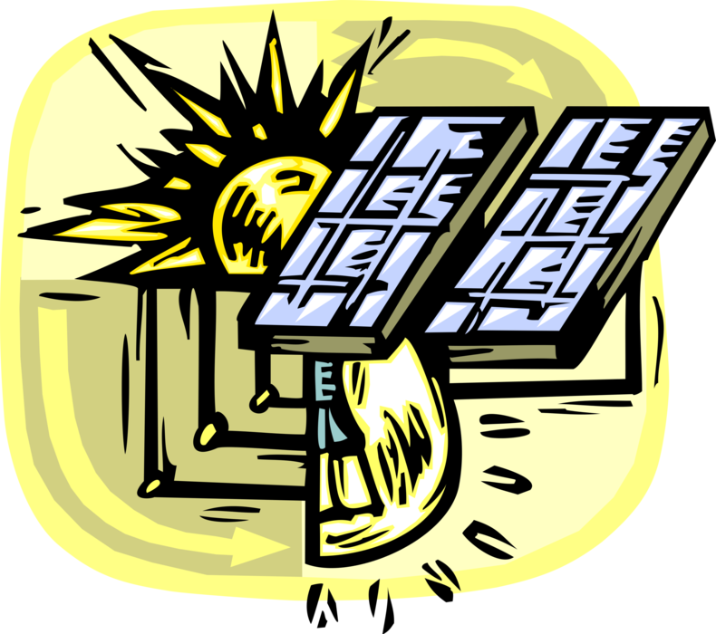 Vector Illustration of Renewable Energy Solar Photovoltaic Panels with Sun