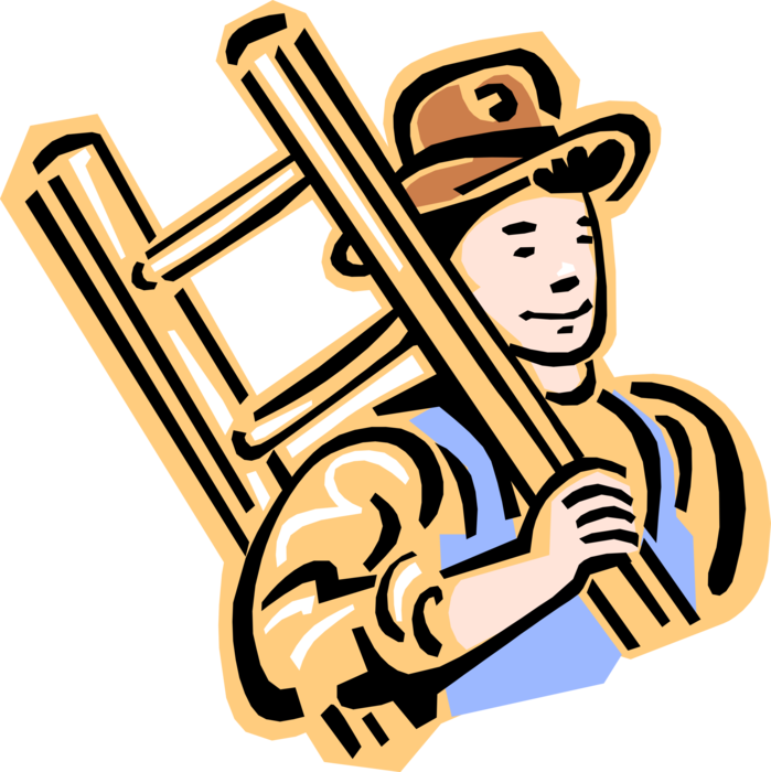 Vector Illustration of 1950's Vintage Style Home Renovation Handyman Carrying Ladder