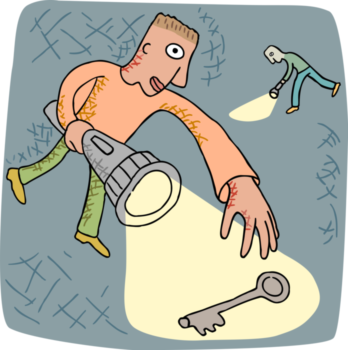 Vector Illustration of Man with Flashlight Finds Key to Unlock Padlock Lock
