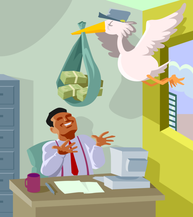 Vector Illustration of Businessman Receives Special Delivery of Cash Money Profits from Stork