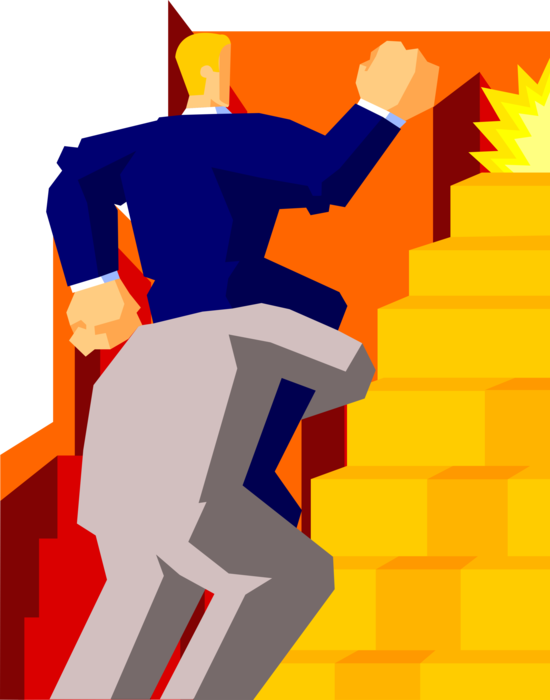 Vector Illustration of Businessman Collaborate Through Teamwork Piggy Back Up Staircase