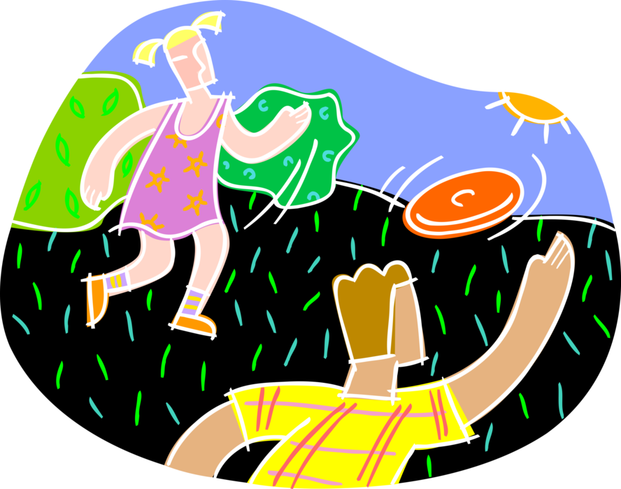 Vector Illustration of Kids Playing Frisbee Flying Disc Game