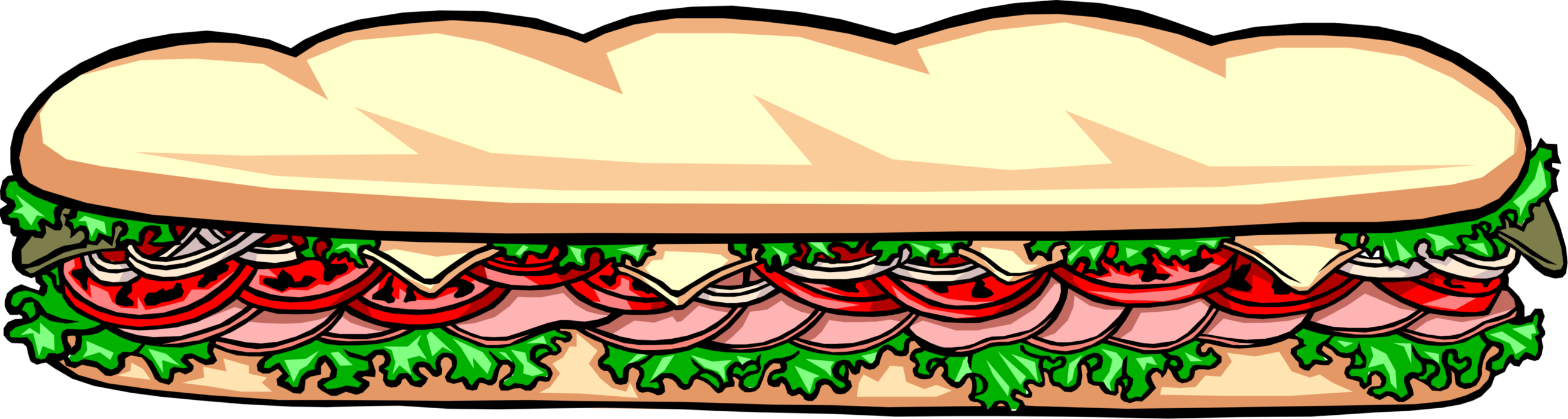 Vector Illustration of Sea Submarine or Hoagie Hero Sandwich with Lettuce, Tomato and Fresh Cold Cut Meats