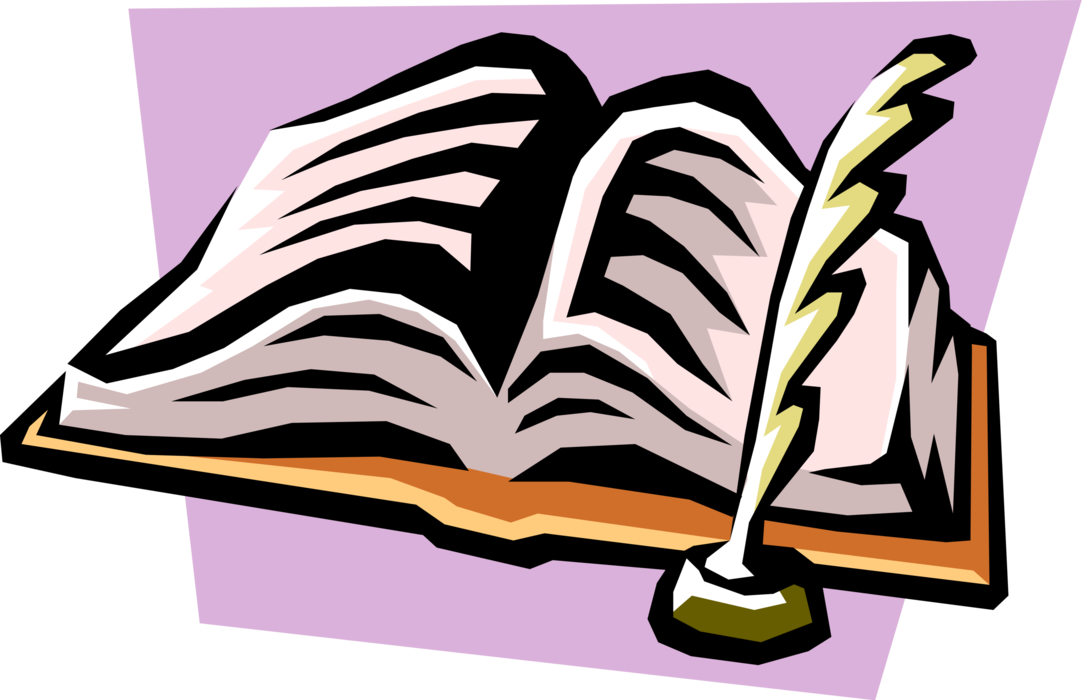 Vector Illustration of Book with Quill Pen Writing Instrument
