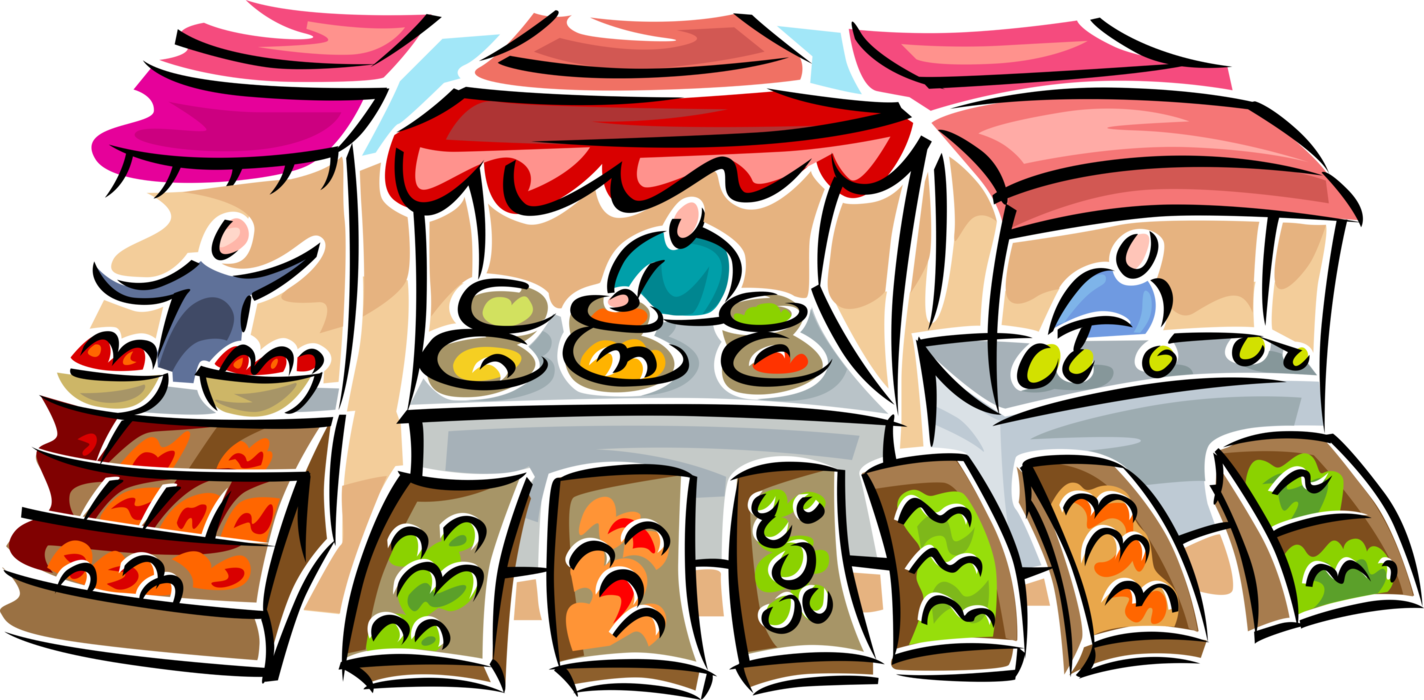 Vector Illustration of Outdoor Farmer's Food Market Vendors with Fresh Fruit and Vegetables