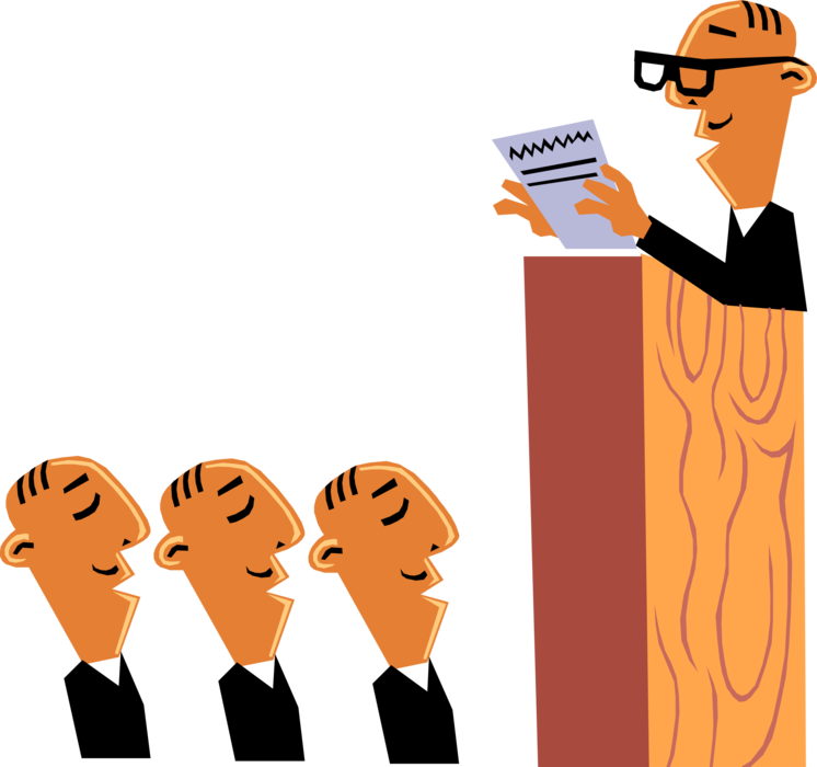 Vector Illustration of Corporate Executives Listen to Boss's Speech at Office Meeting