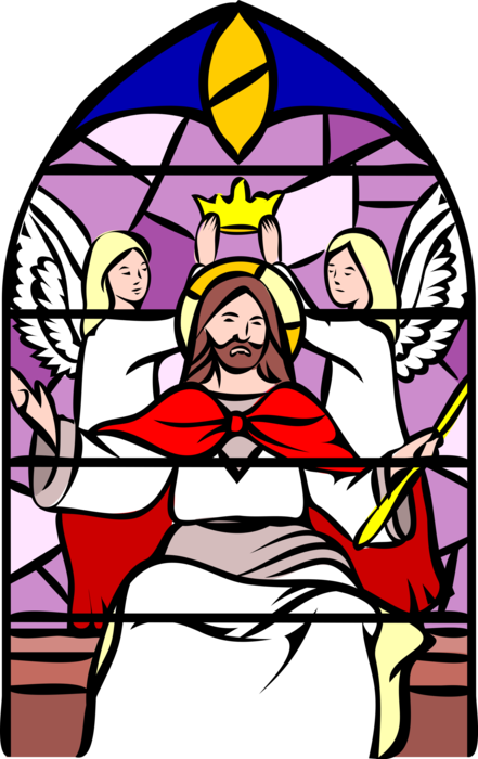 Vector Illustration of Jesus Christ is Crowned by Spiritual Angels in Stained Glass Window