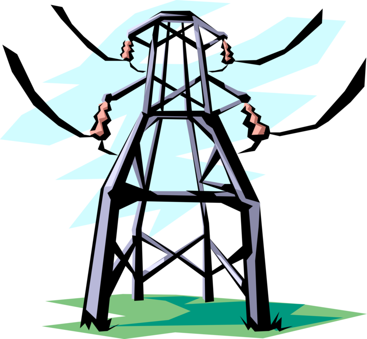 Vector Illustration of Transmission Tower Carries Electrical Power Lines to Distribute Electricity