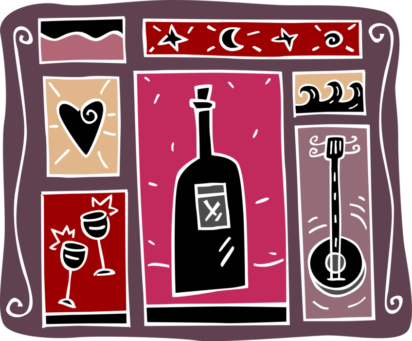Vector Illustration of Wine Bottle Alcohol Beverage with Glasses Celebrate Special Occasion with Heart and Guitar