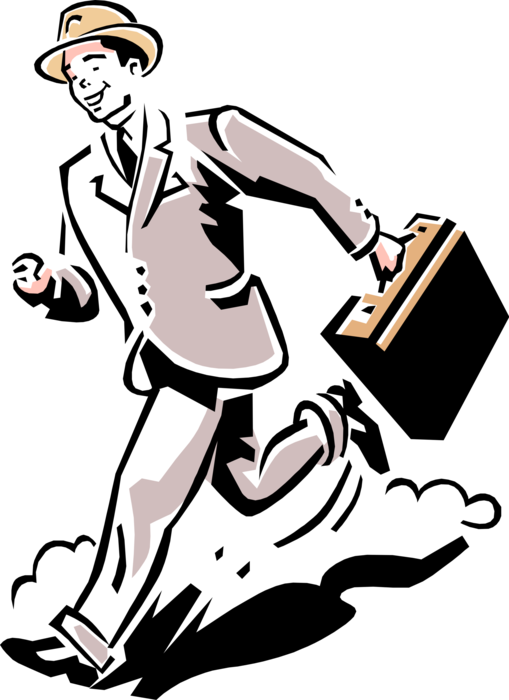 Vector Illustration of 1950's Vintage Style Businessman Commuter Running with Briefcase to Catch Urban Transportation Bus
