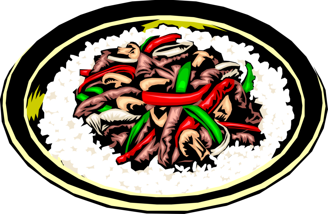 Vector Illustration of Chinese Cuisine Stir Fry with Rice, Peppers and Mushrooms