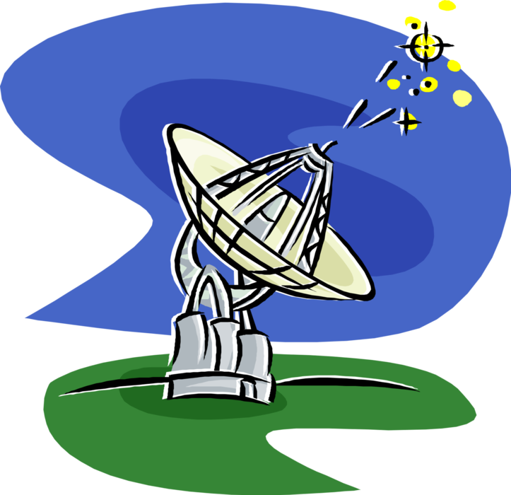 Vector Illustration of Global Communications Satellite Dish Parabolic Antenna Receives Electromagnetic Signals