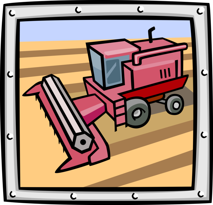 Vector Illustration of Farm Equipment Combine Harvester Harvests Grain Crops