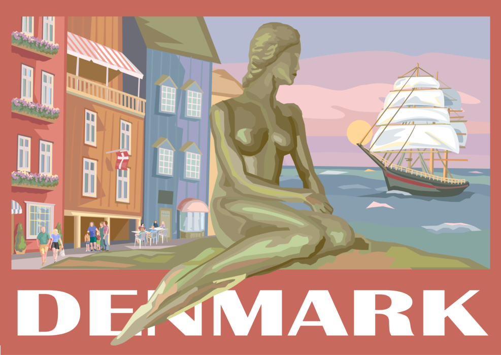 Vector Illustration of Denmark Postcard Design with Little Mermaid Statue and Sailing Ship