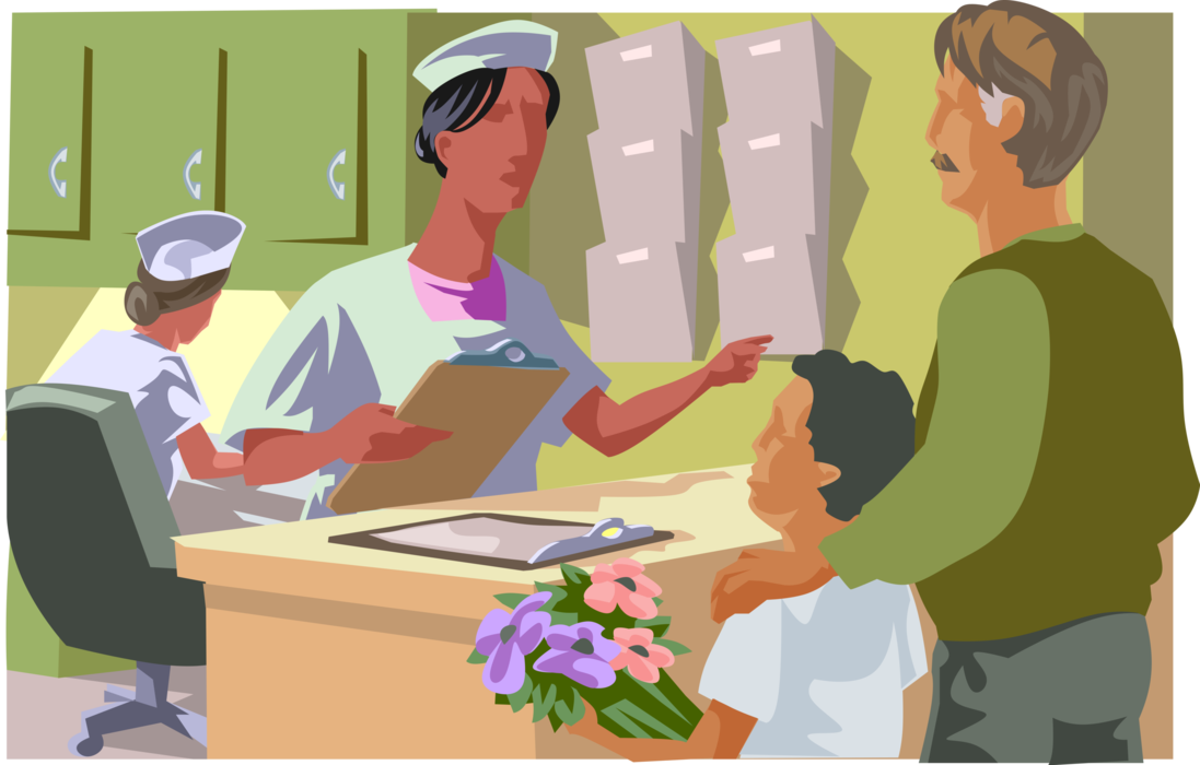 Vector Illustration of Visitors Check-In at Nurse's Reception Station before Visitation with Patient Relative