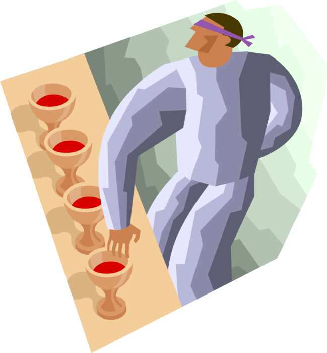 Vector Illustration of Blindfolded Figure Choosing Chalice Cup Filled with Red Wine
