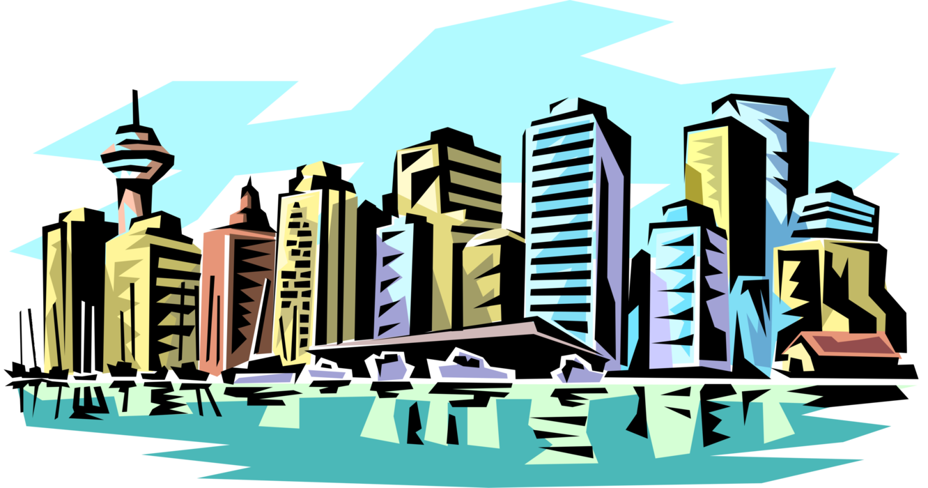 Vector Illustration of Urban Metropolitan City Skyline Along Waterfront