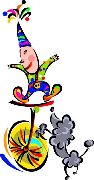 Vector Illustration of Big Top Circus Clown Performs on Unicycle with Poodle