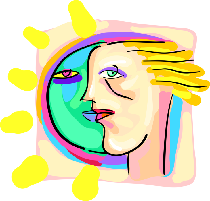 Vector Illustration of Sun and Moon Anthropomorphic Face